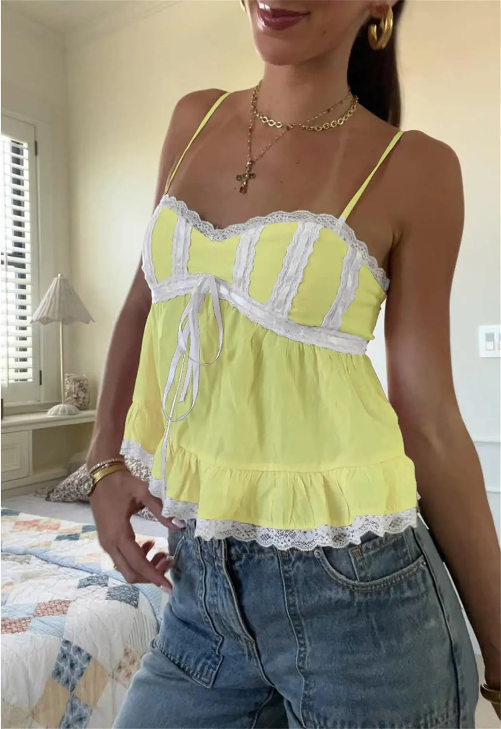 Women Fairy Lace Babydoll Top Y2K Lace Trim Spaghetti Strap Peplum Tank Top Slim Fit Backless Going Out Camisole
