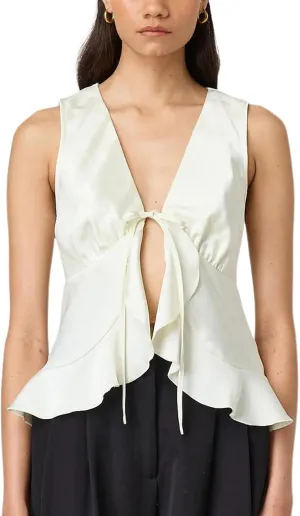 Women Fashion Satin Vest Sleeveless Lace Up Front Ruffle Hem Tank Top Solid Color Tie Camisole Going Out Top