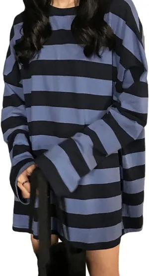 Women Harajuku Oversized Stripe Casual Long Sleeves Crewneck T-Shirt Tee Tops
