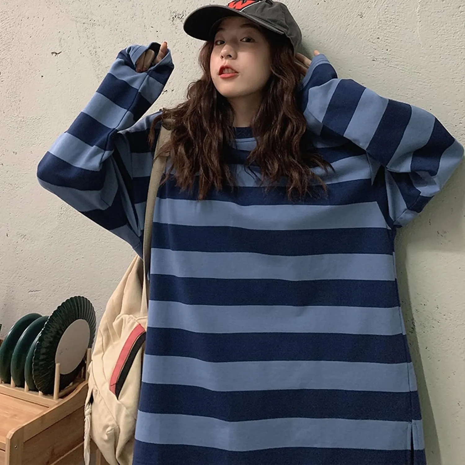 Women Harajuku Oversized Stripe Casual Long Sleeves Crewneck T-Shirt Tee Tops