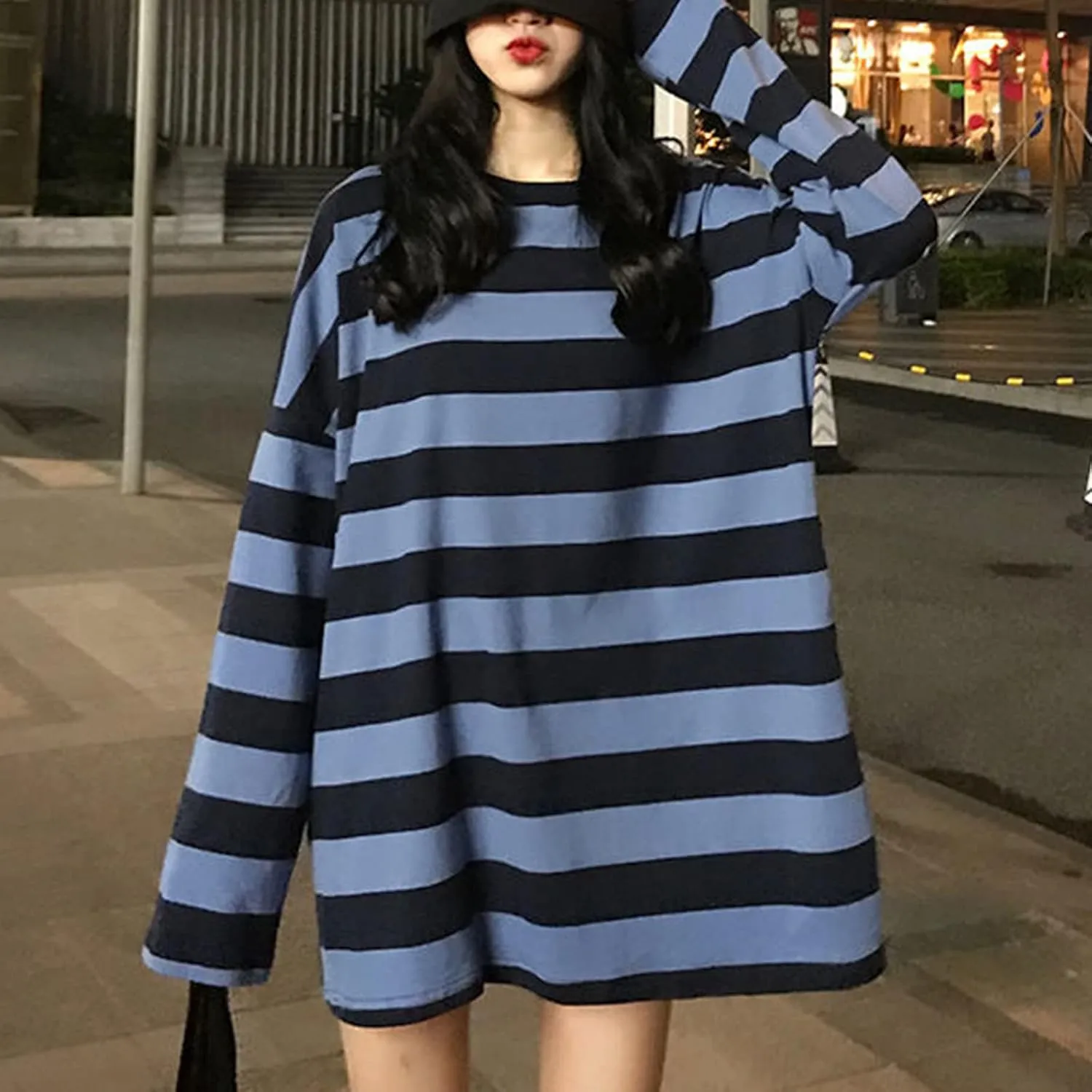 Women Harajuku Oversized Stripe Casual Long Sleeves Crewneck T-Shirt Tee Tops