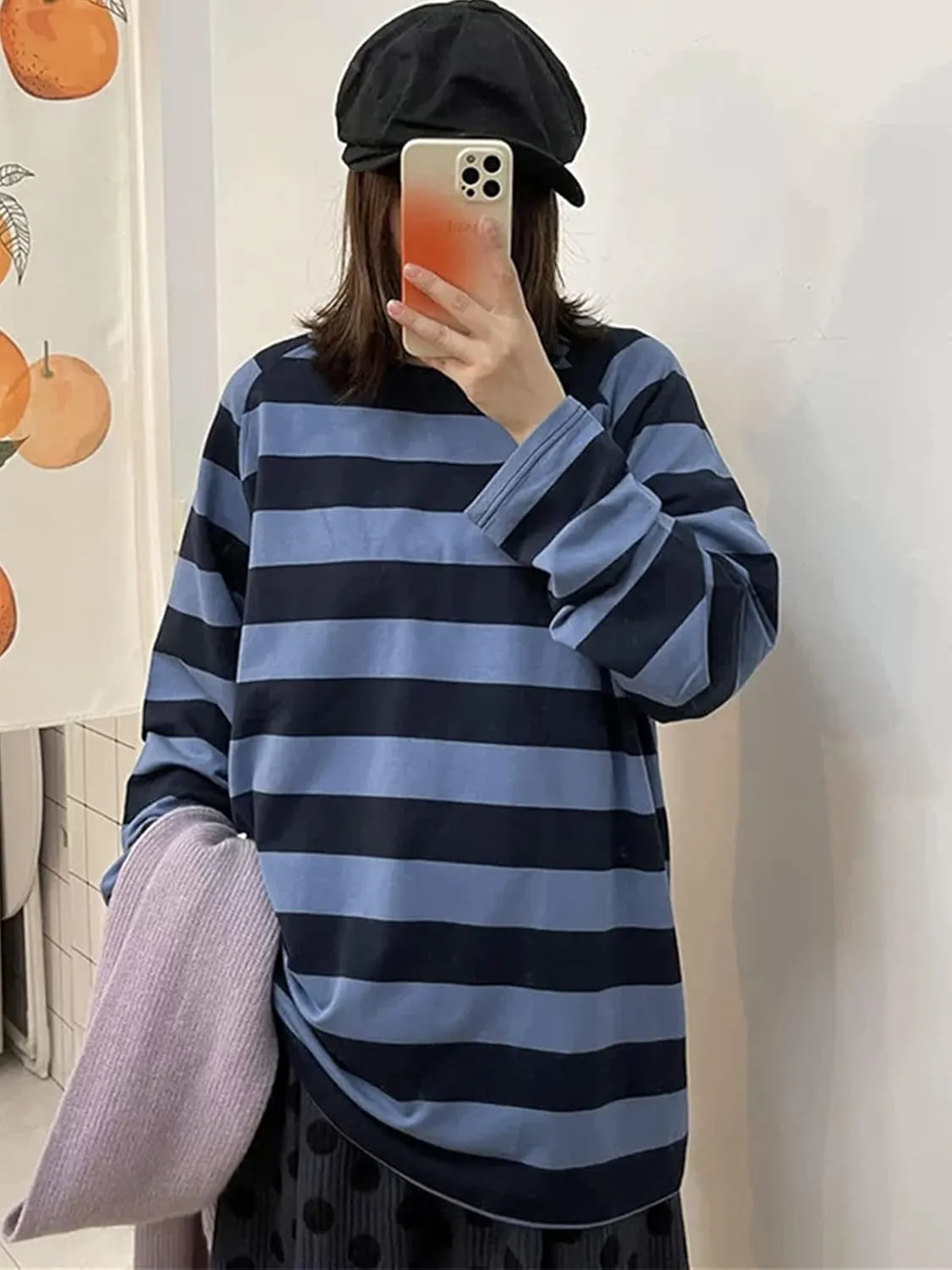 Women Harajuku Oversized Stripe Casual Long Sleeves Crewneck T-Shirt Tee Tops