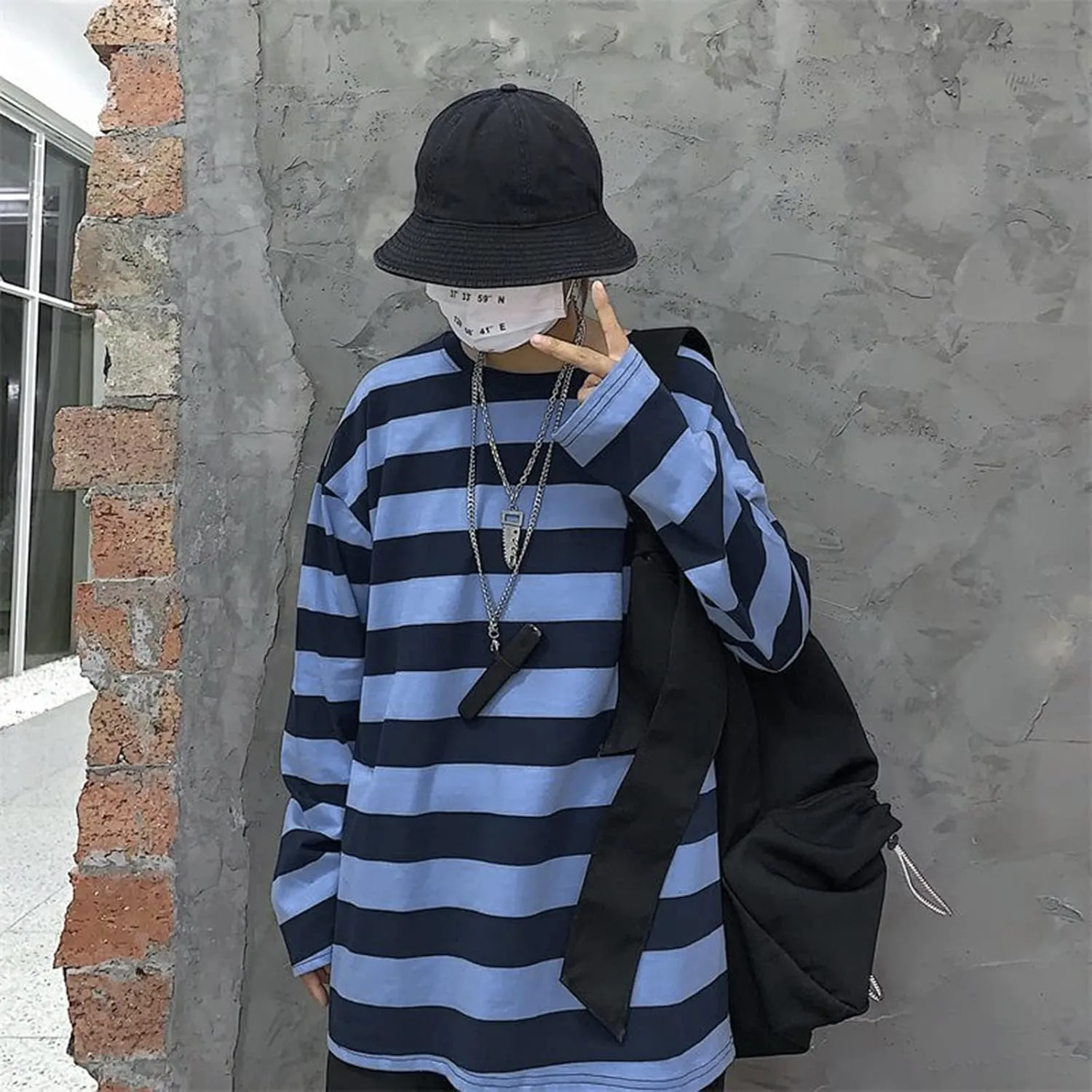 Women Harajuku Oversized Stripe Casual Long Sleeves Crewneck T-Shirt Tee Tops
