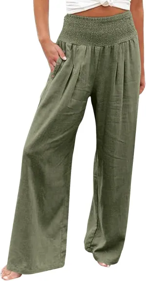 Women High Waisted Linen Palazzo Pants Summer Vacation 2025 Long Wide Leg Lounge Beach Pant Trousers with Pockets