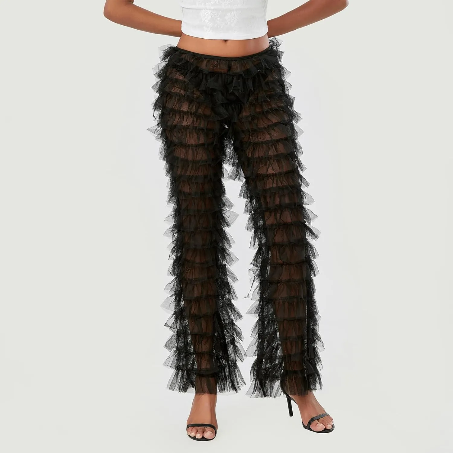 Women Layered Ruffle Tulle Pants High Waist Wide Leg Long Trousers Sheer Mesh Tiered Party Pants