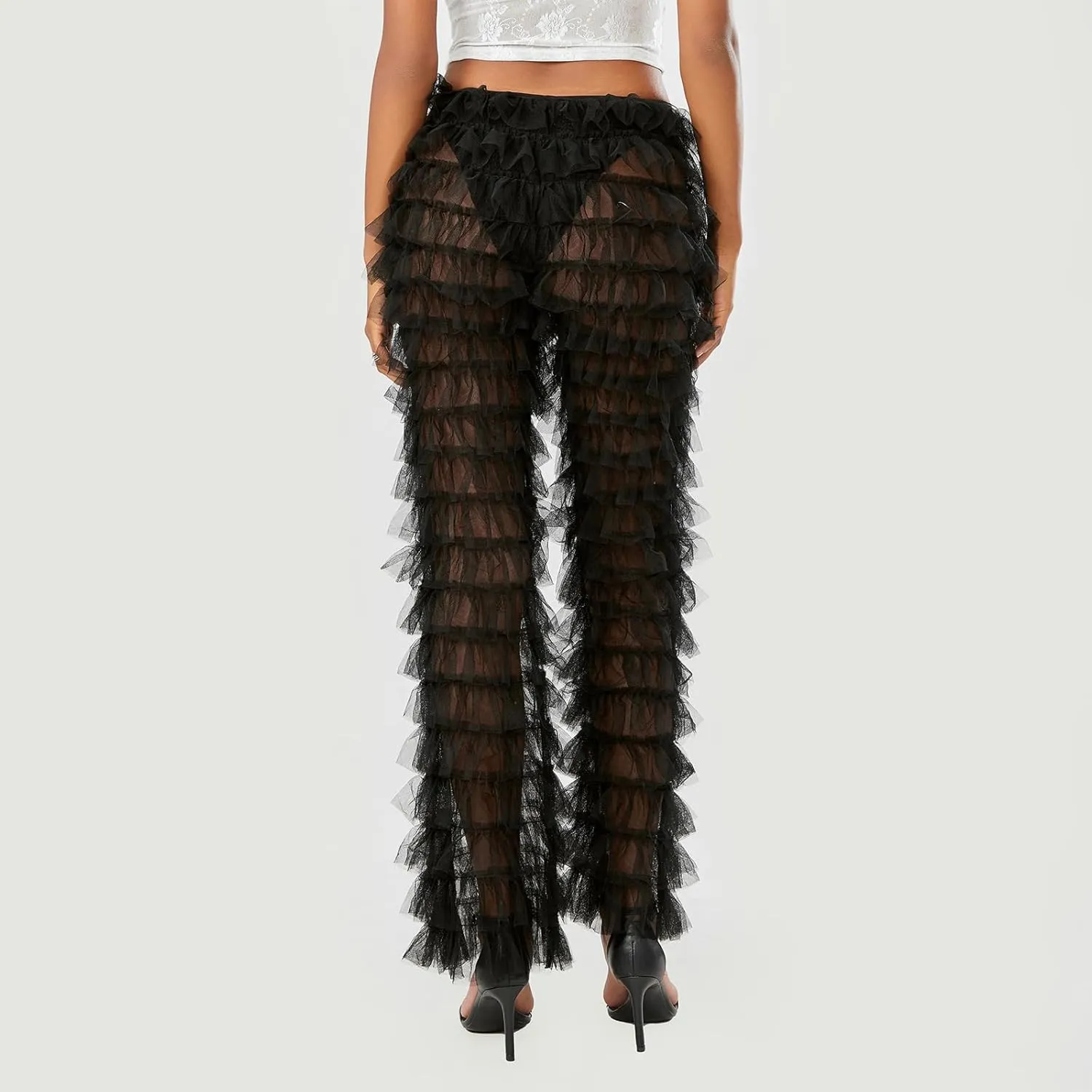 Women Layered Ruffle Tulle Pants High Waist Wide Leg Long Trousers Sheer Mesh Tiered Party Pants