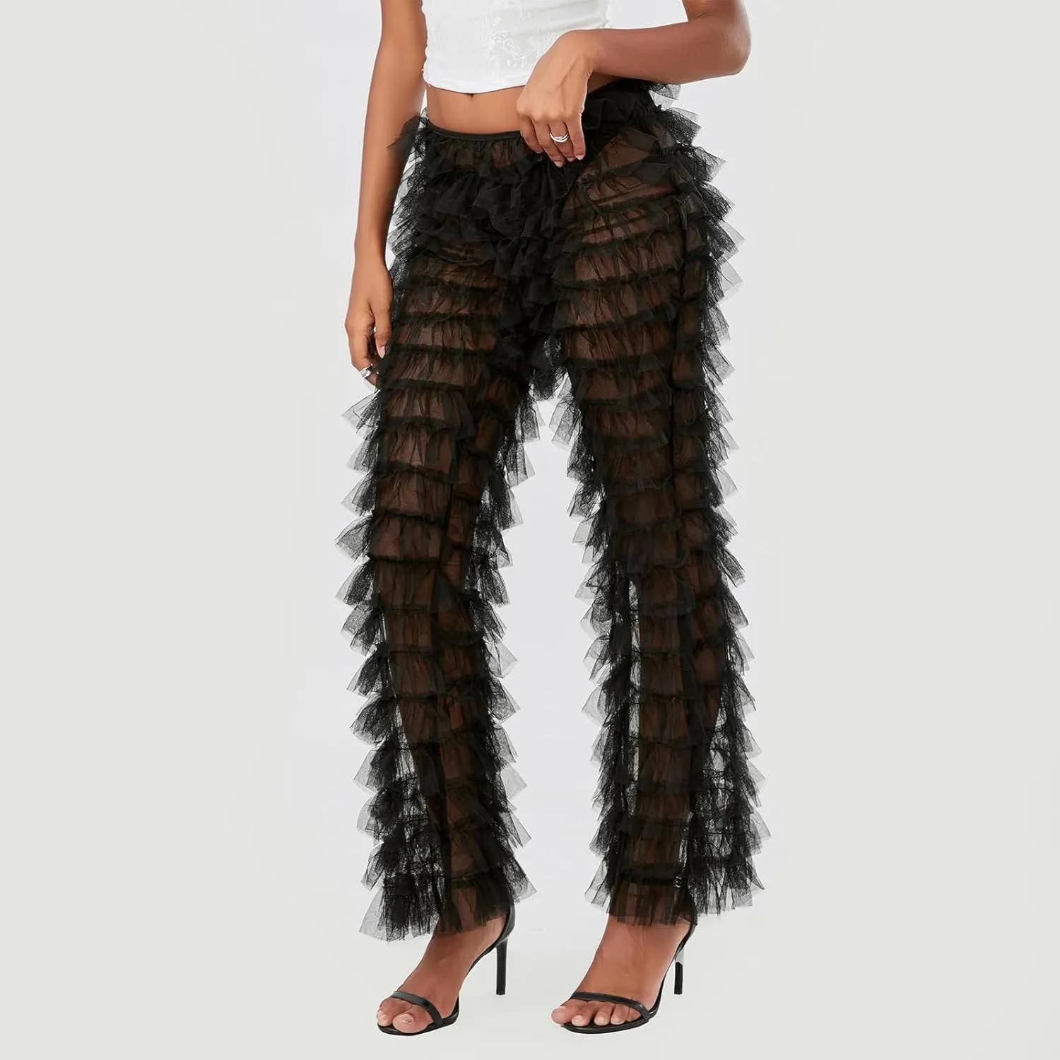 Women Layered Ruffle Tulle Pants High Waist Wide Leg Long Trousers Sheer Mesh Tiered Party Pants