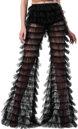 Women Layered Ruffle Tulle Pants High Waist Wide Leg Long Trousers Sheer Mesh Tiered Party Pants