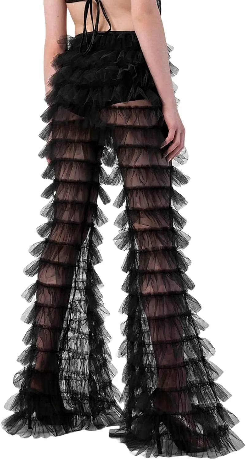 Women Layered Ruffle Tulle Pants High Waist Wide Leg Long Trousers Sheer Mesh Tiered Party Pants