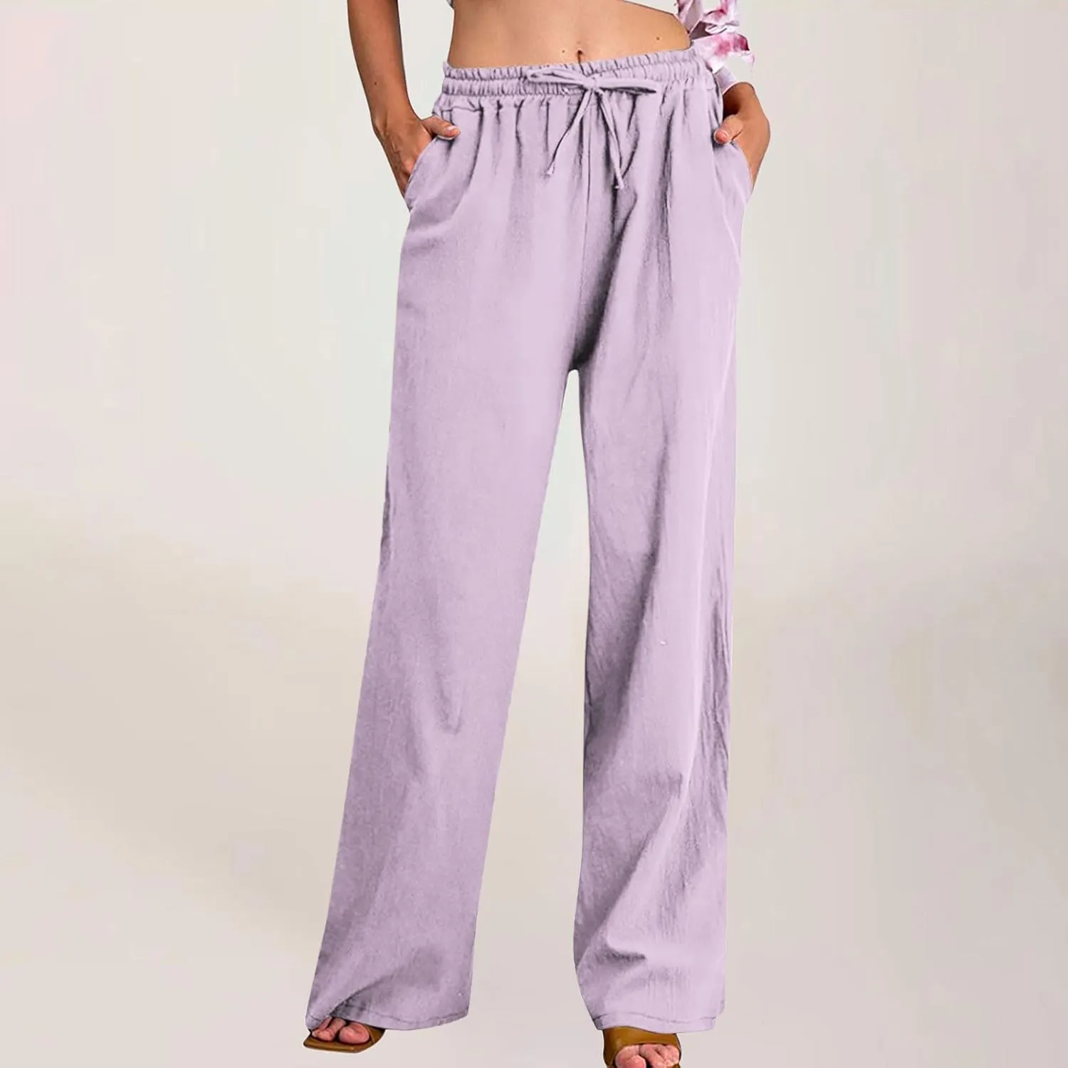 Women Linen Pants Lounge Casual Cotton Linen Summer Palazzo Pants Loose Flowy Wide Leg Beach Trousers with Pockets
