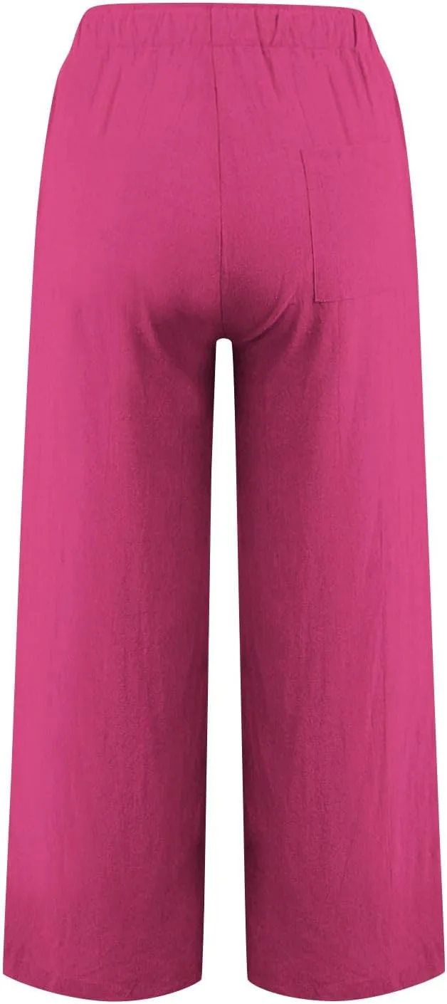 Women Linen Pants Lounge Casual Cotton Linen Summer Palazzo Pants Loose Flowy Wide Leg Beach Trousers with Pockets