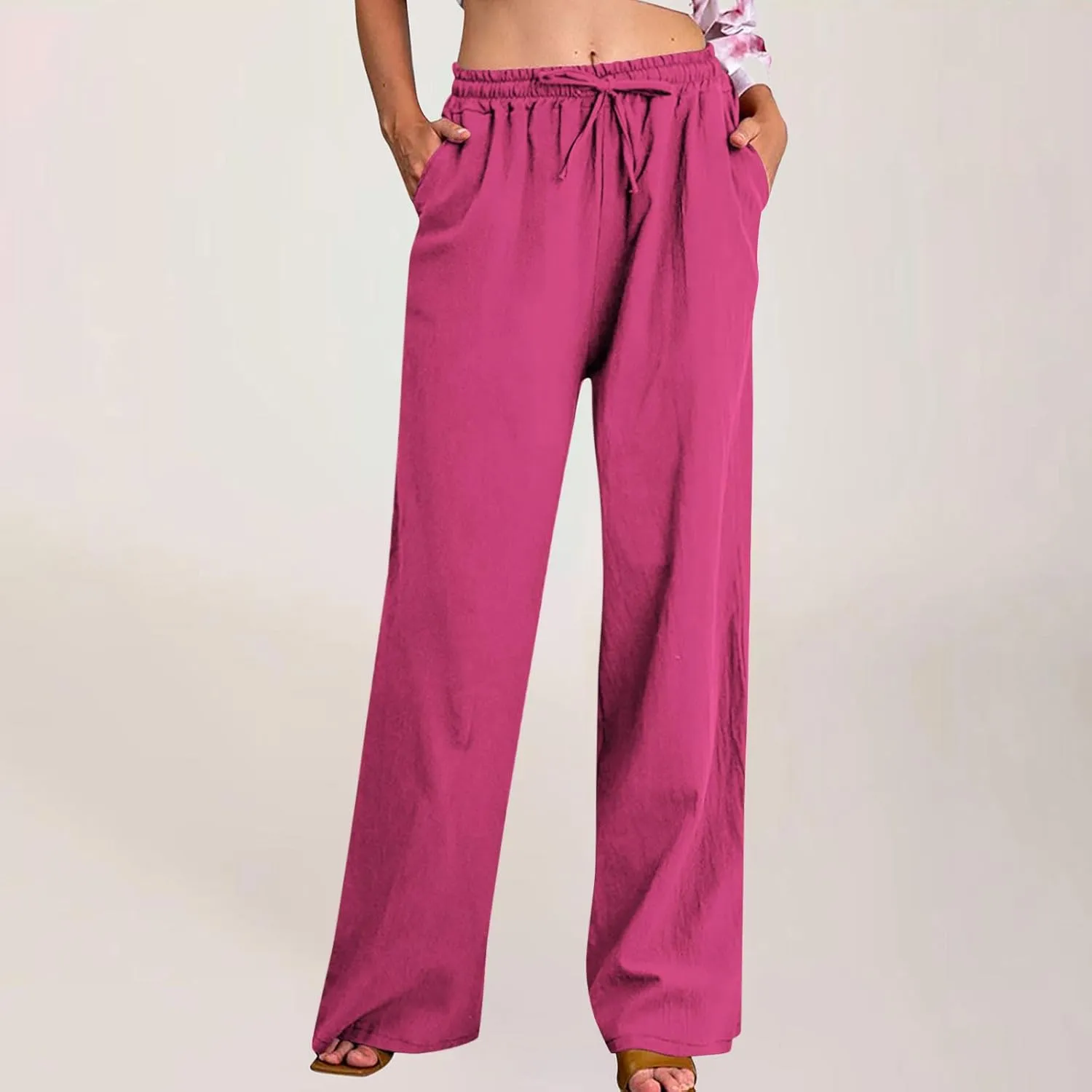Women Linen Pants Lounge Casual Cotton Linen Summer Palazzo Pants Loose Flowy Wide Leg Beach Trousers with Pockets