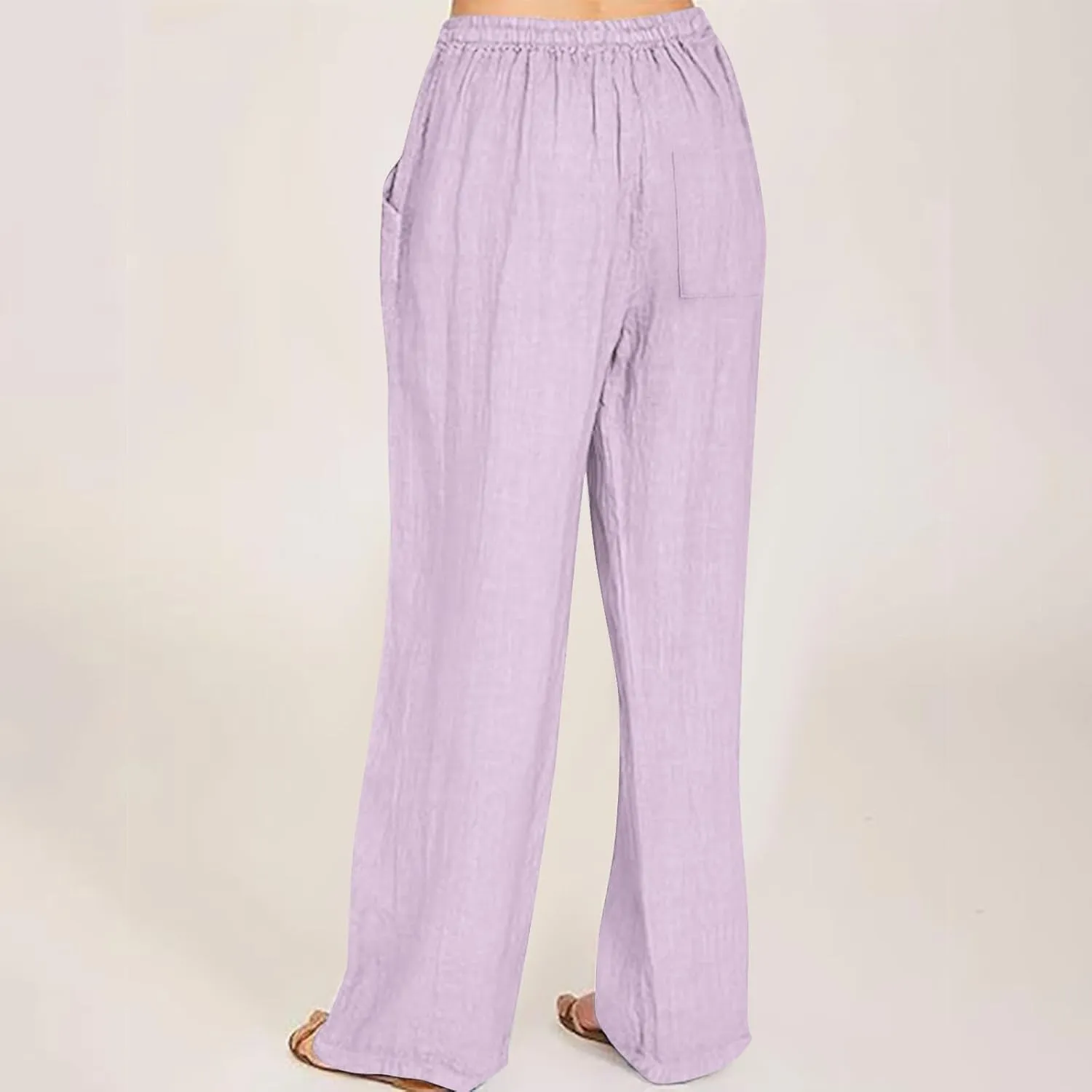 Women Linen Pants Lounge Casual Cotton Linen Summer Palazzo Pants Loose Flowy Wide Leg Beach Trousers with Pockets