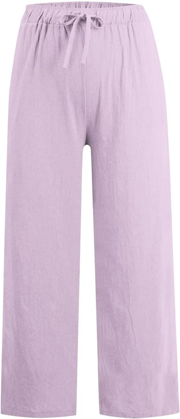 Women Linen Pants Lounge Casual Cotton Linen Summer Palazzo Pants Loose Flowy Wide Leg Beach Trousers with Pockets