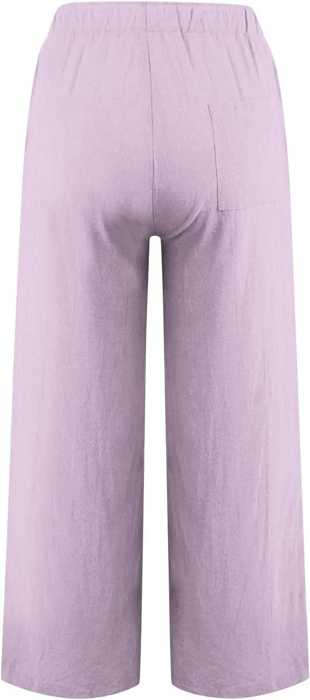 Women Linen Pants Lounge Casual Cotton Linen Summer Palazzo Pants Loose Flowy Wide Leg Beach Trousers with Pockets