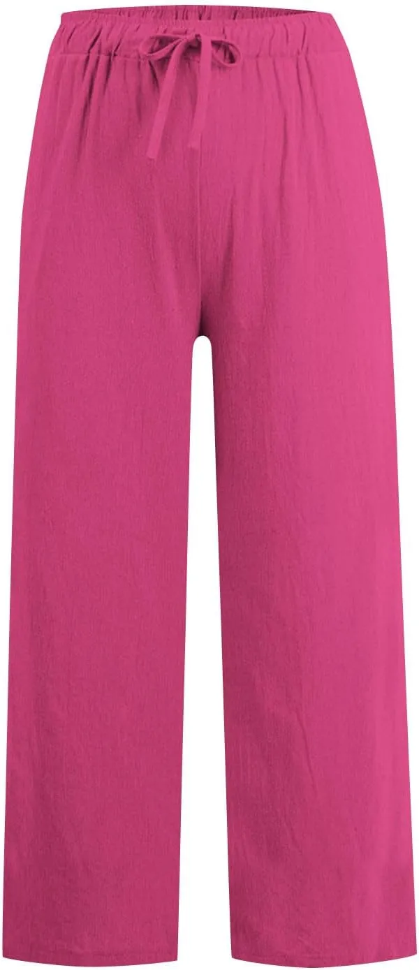 Women Linen Pants Lounge Casual Cotton Linen Summer Palazzo Pants Loose Flowy Wide Leg Beach Trousers with Pockets