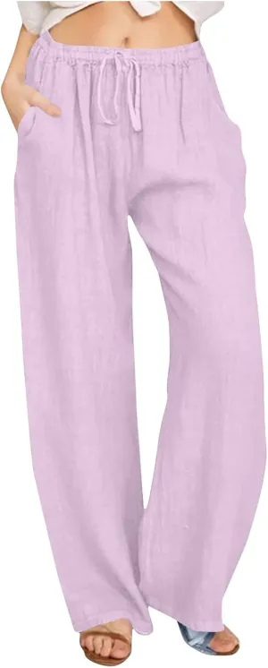 Women Linen Pants Lounge Casual Cotton Linen Summer Palazzo Pants Loose Flowy Wide Leg Beach Trousers with Pockets
