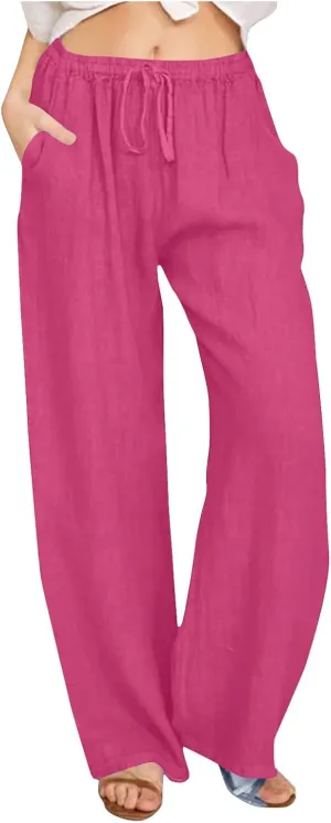 Women Linen Pants Lounge Casual Cotton Linen Summer Palazzo Pants Loose Flowy Wide Leg Beach Trousers with Pockets