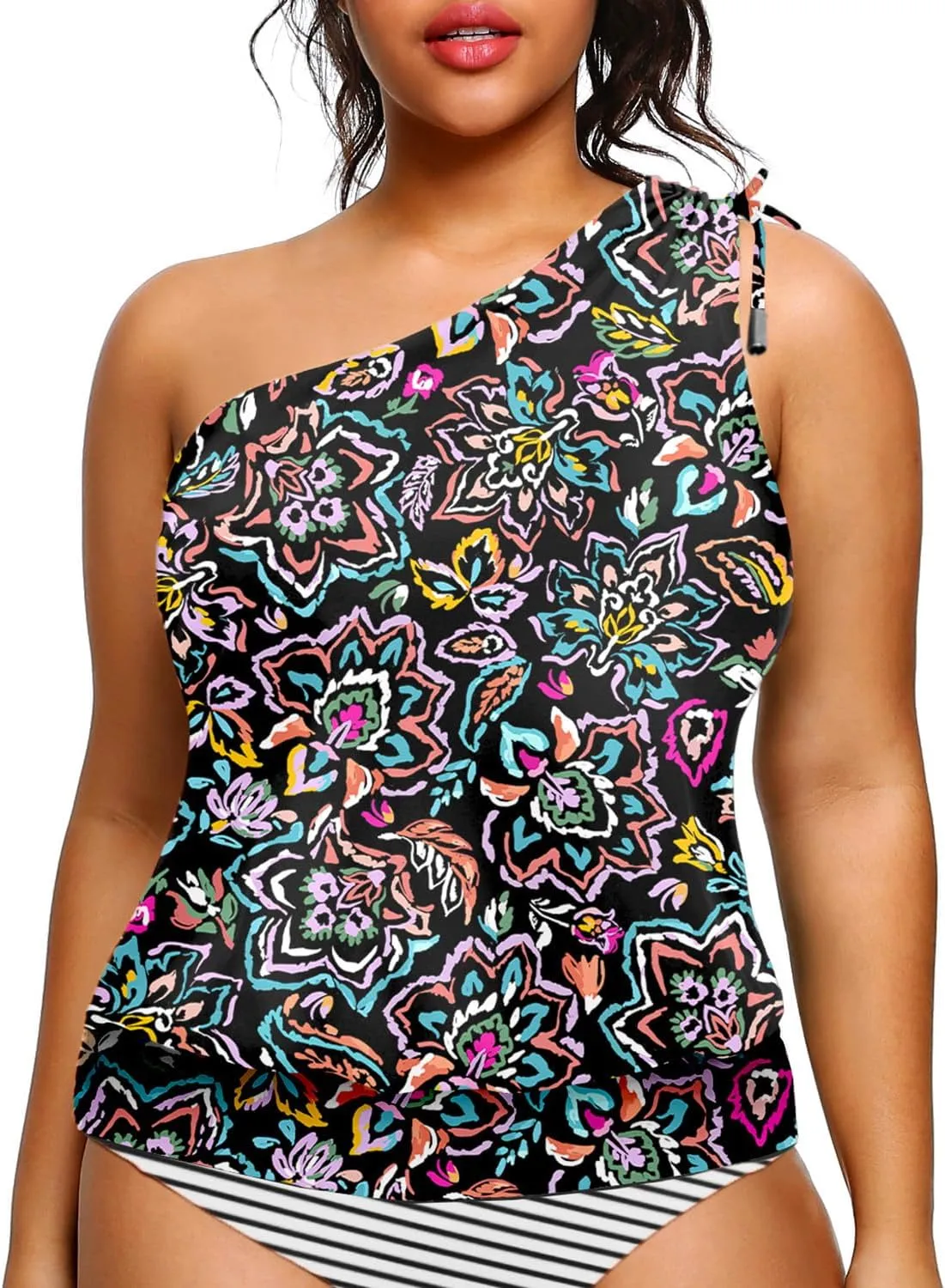 Women Plus Size Tankini Tops - 2025 Blouson Tummy Control Swim Top Only One Shoulder Bathing Suit Top No Bottom