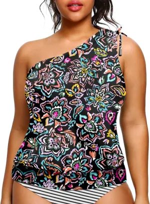 Women Plus Size Tankini Tops - 2025 Blouson Tummy Control Swim Top Only One Shoulder Bathing Suit Top No Bottom