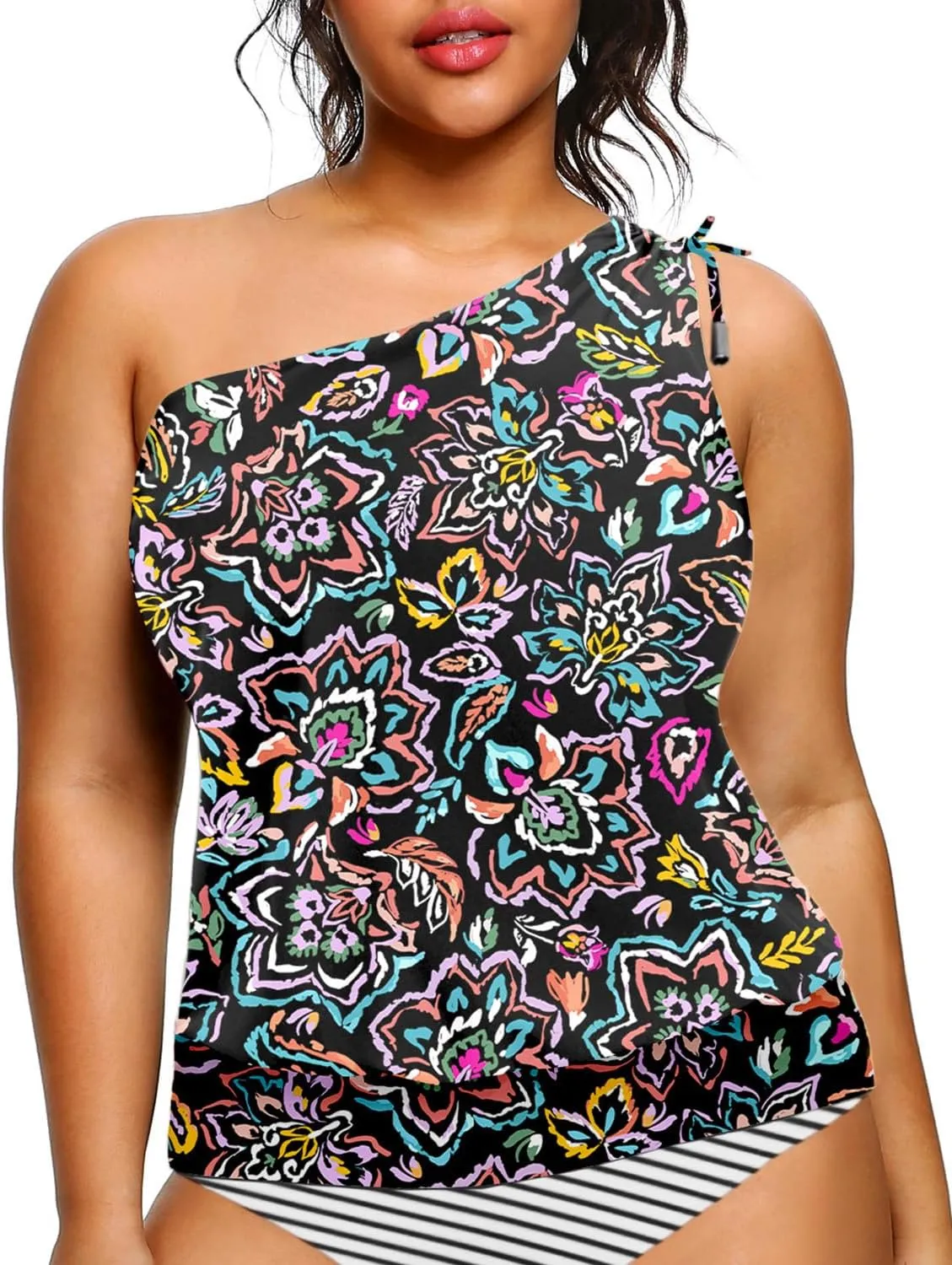 Women Plus Size Tankini Tops - 2025 Blouson Tummy Control Swim Top Only One Shoulder Bathing Suit Top No Bottom