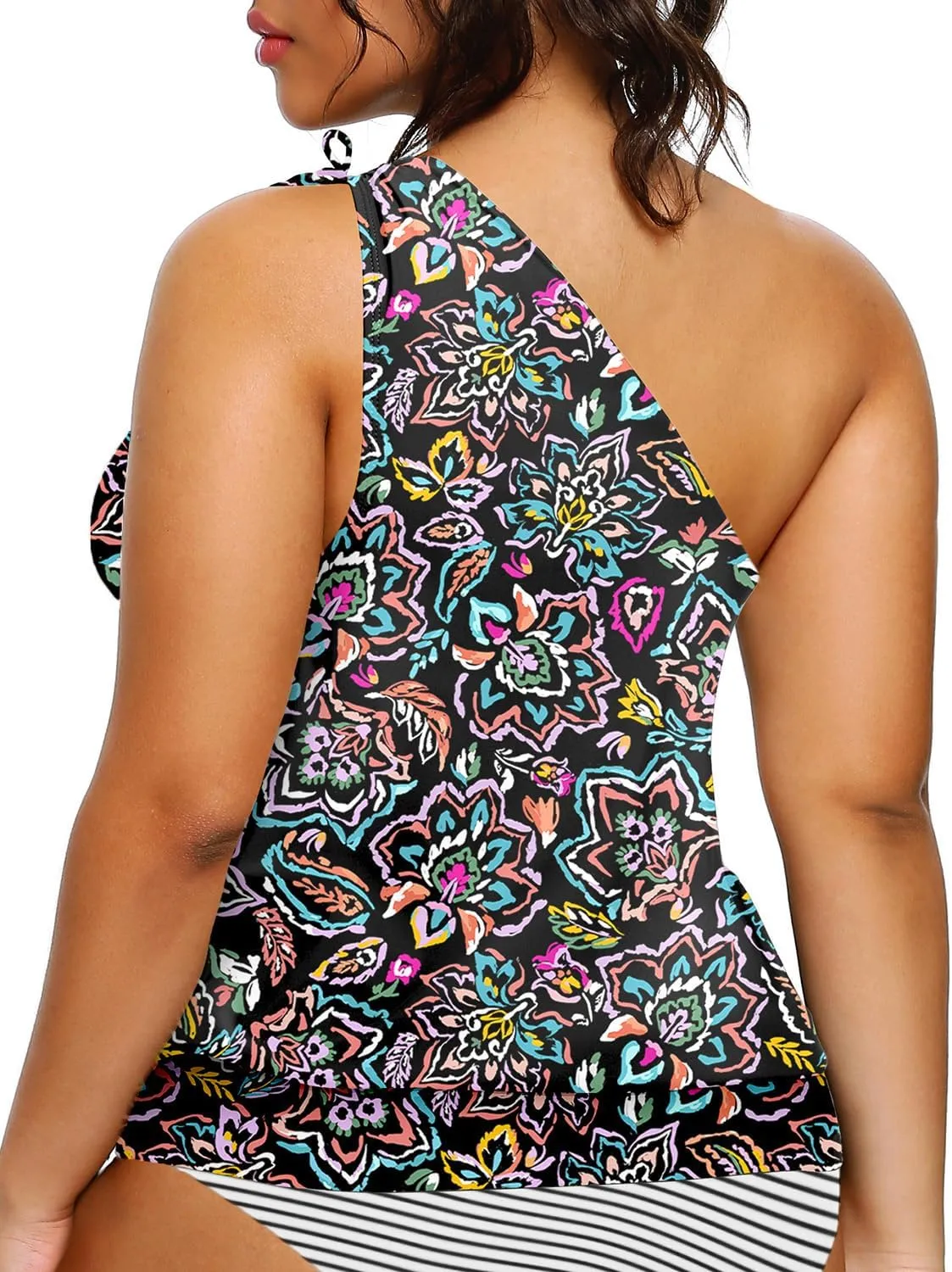 Women Plus Size Tankini Tops - 2025 Blouson Tummy Control Swim Top Only One Shoulder Bathing Suit Top No Bottom