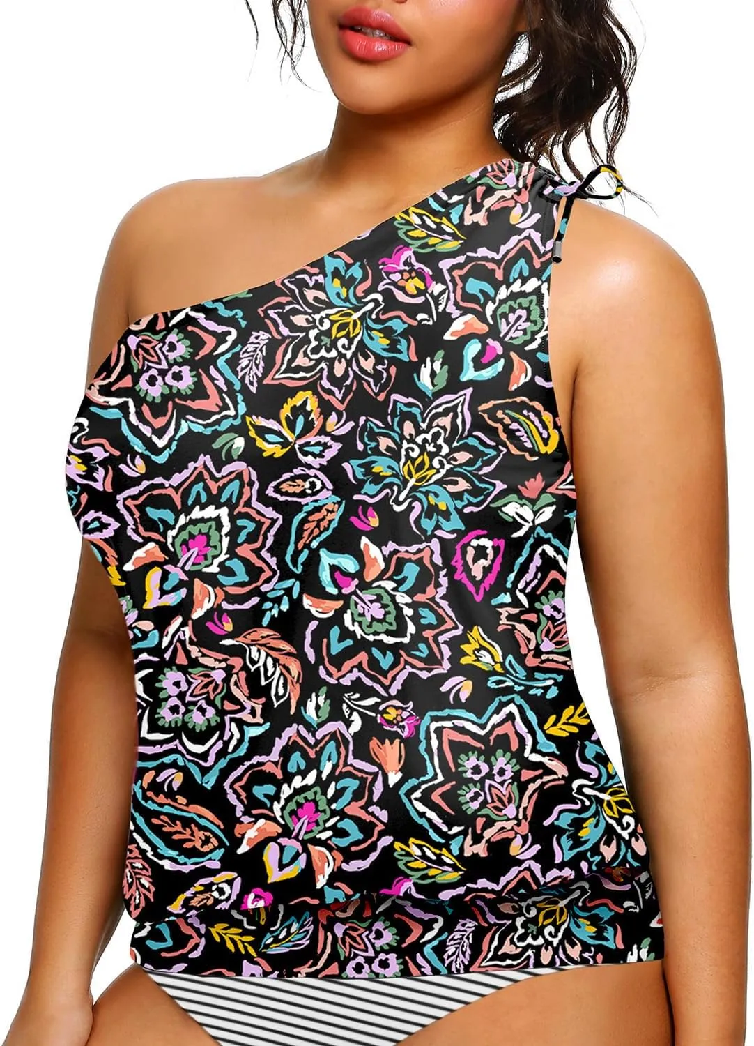 Women Plus Size Tankini Tops - 2025 Blouson Tummy Control Swim Top Only One Shoulder Bathing Suit Top No Bottom