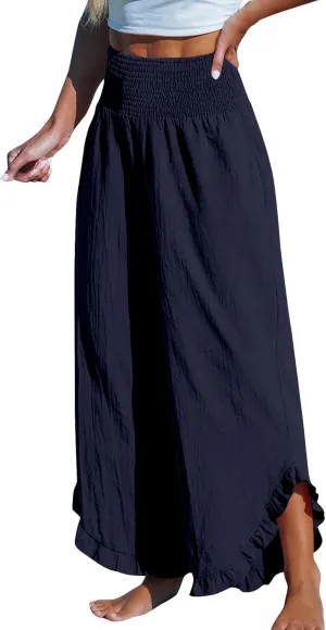 Women Ruffle Cuffs Straight Leg Pants Solid Smocked High Waist Lounge Pant Casual Loose Fit Beach Trousers