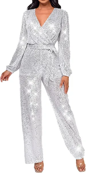 Women Sequin Party Clubwear Romper Glitter Shiny Wrap V Neck Sexy Long Sleeve Jumpsuit Straight Wide Long Pants