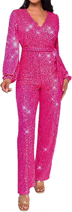Women Sequin Party Clubwear Romper Glitter Shiny Wrap V Neck Sexy Long Sleeve Jumpsuit Straight Wide Long Pants