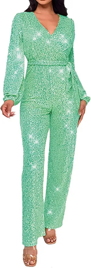 Women Sequin Party Clubwear Romper Glitter Shiny Wrap V Neck Sexy Long Sleeve Jumpsuit Straight Wide Long Pants