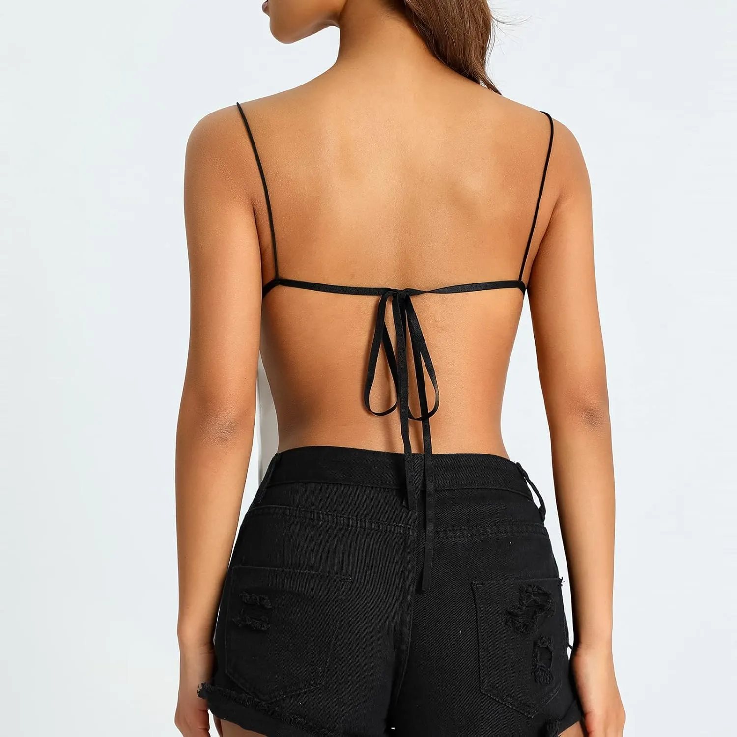 Women Sexy Backless Camisole Cute Tie Up Spaghetti Strap Crop Top Summer Deep V Neck Top Y2K Vintage Streetwear