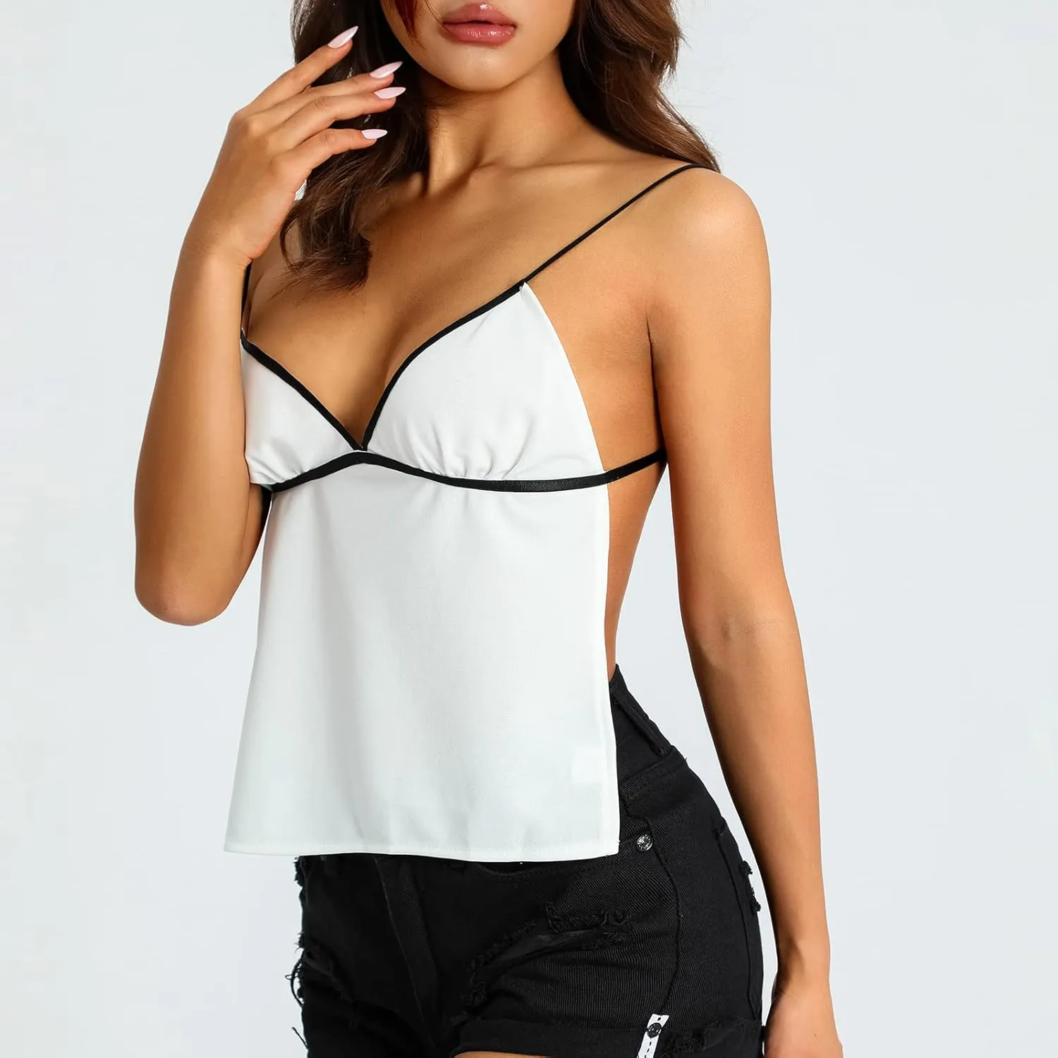 Women Sexy Backless Camisole Cute Tie Up Spaghetti Strap Crop Top Summer Deep V Neck Top Y2K Vintage Streetwear