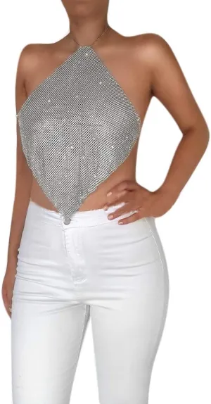Women Sexy Shiny Rhinestone Tank Top Halter Metal Body Chain Crop Top Shirt for Night Club Party Rave Outfit
