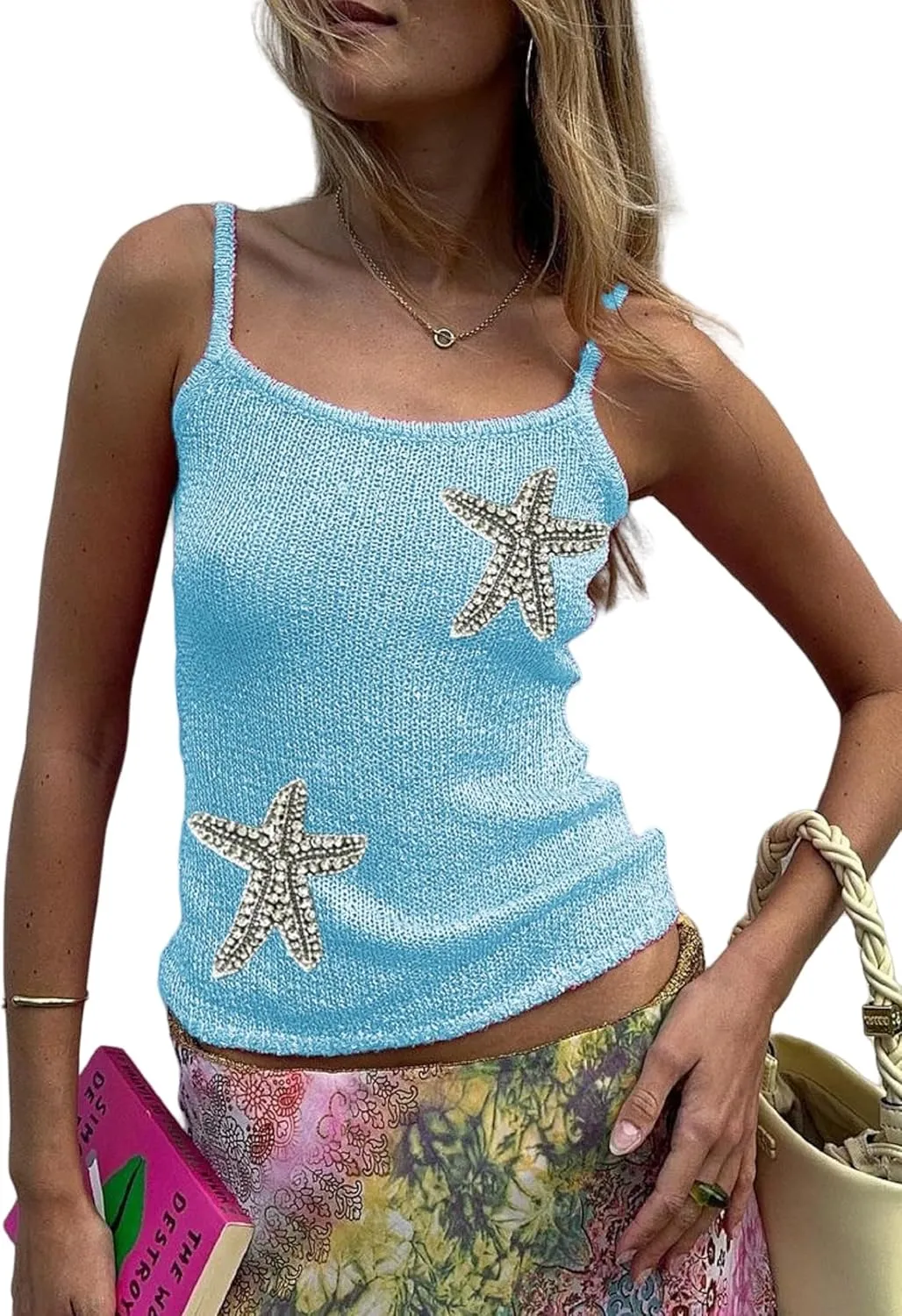 Women Sparkly Y2k Knit Cami Top Starfish Sequin Cami Tank Top Knitted Glitter Camisole Crop Tops Going Out