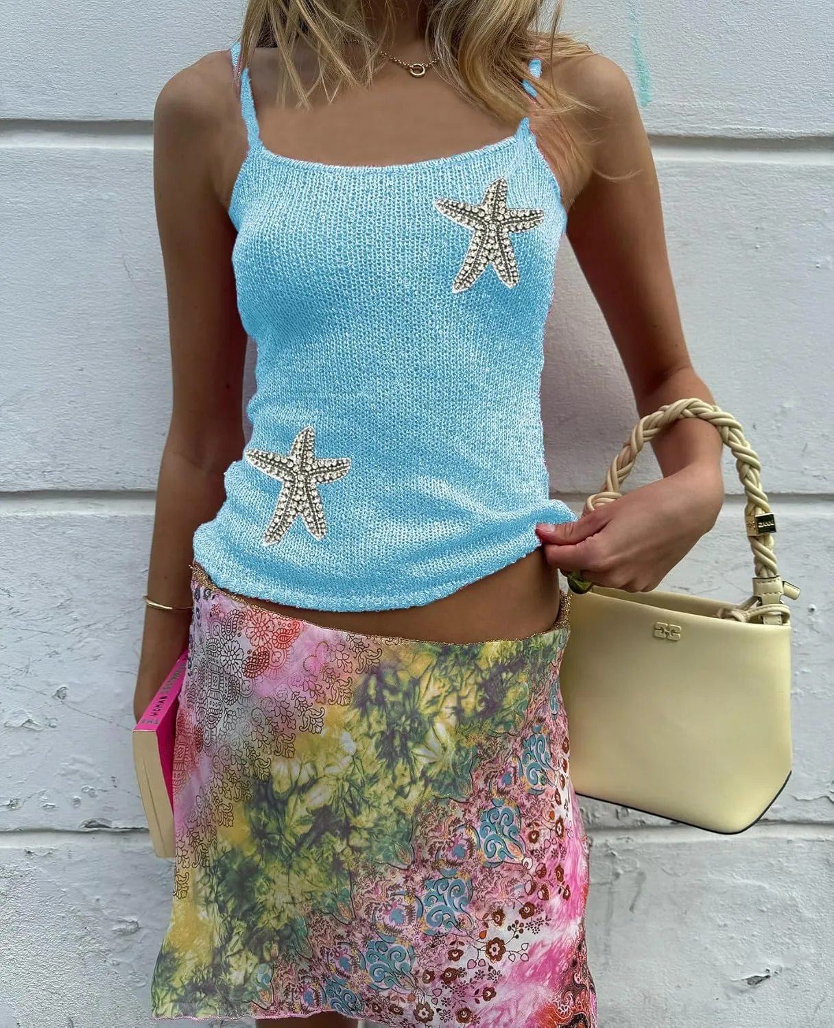 Women Sparkly Y2k Knit Cami Top Starfish Sequin Cami Tank Top Knitted Glitter Camisole Crop Tops Going Out