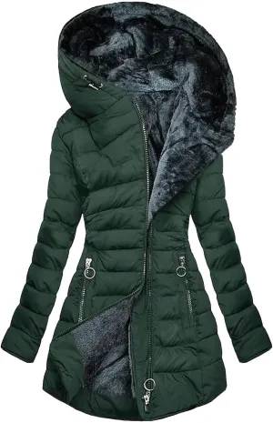 Women Warm Down Jacket with Hood Fur Long Puffer Coat Solid Color Hooded Plush Cotton Outerwear with Pockets