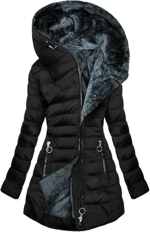 Women Warm Down Jacket with Hood Fur Long Puffer Coat Solid Color Hooded Plush Cotton Outerwear with Pockets