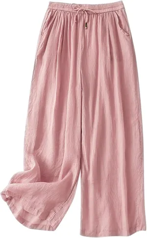 Women Wide Leg Linen Pants High Waisted Summer Casual Cotton Linen Flowy Palazzo Trousers Vacation Outfits with Pocket