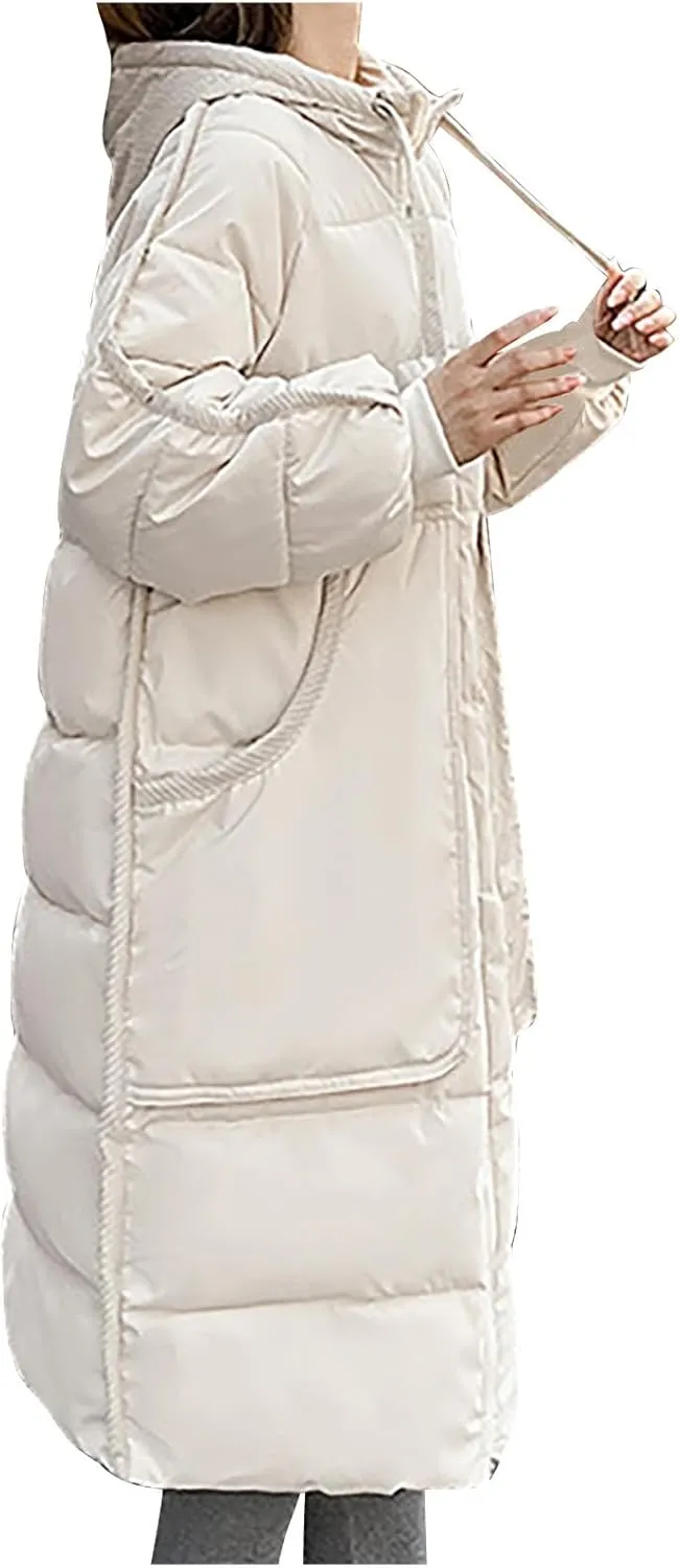 Women Winter Long Quilted Coat Maxi Length Puffer Jacket Padded Coat Cotton Hooded Long Sleeve with Oversized Pockets