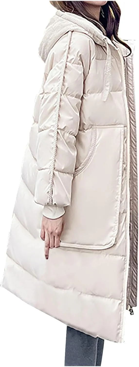 Women Winter Long Quilted Coat Maxi Length Puffer Jacket Padded Coat Cotton Hooded Long Sleeve with Oversized Pockets