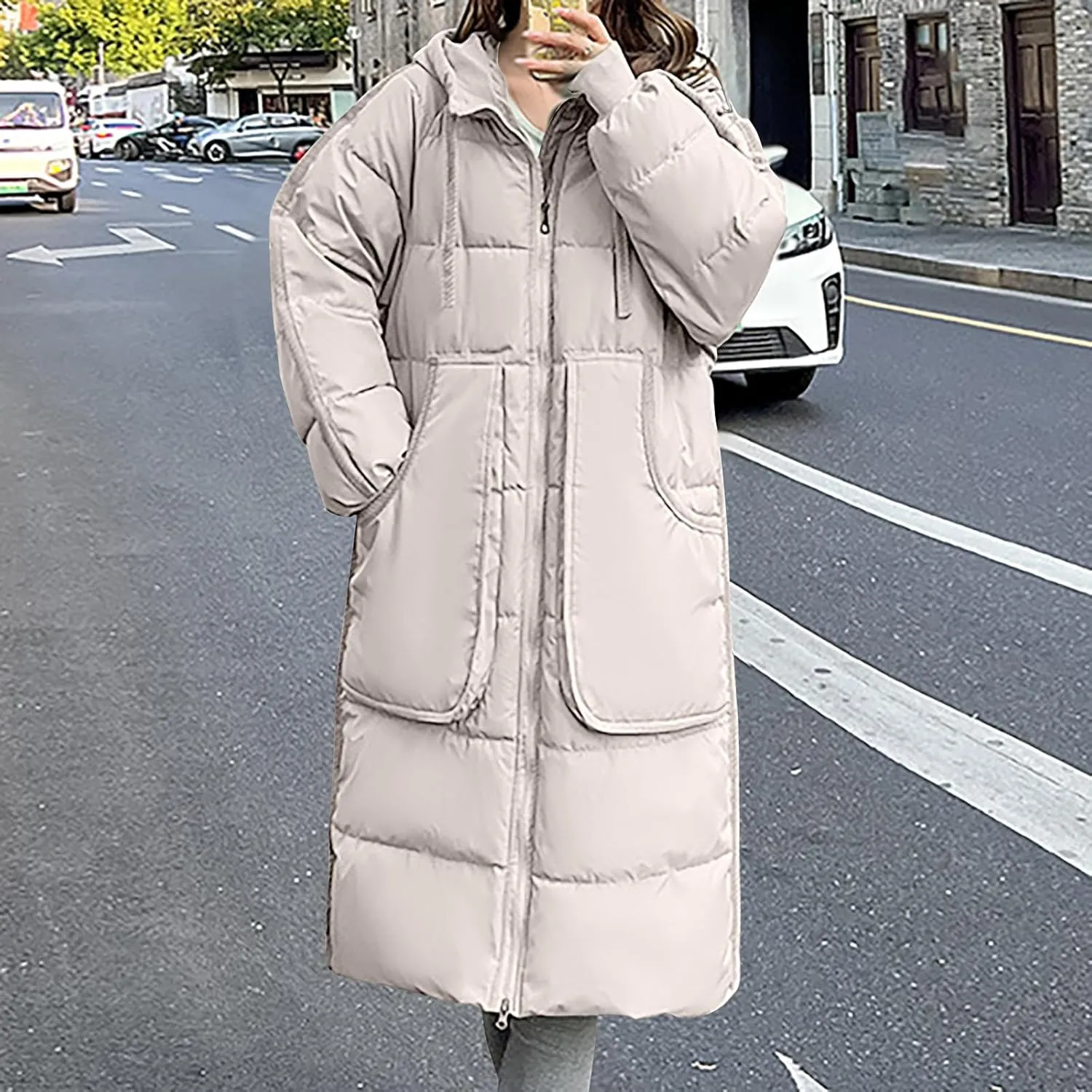 Women Winter Long Quilted Coat Maxi Length Puffer Jacket Padded Coat Cotton Hooded Long Sleeve with Oversized Pockets