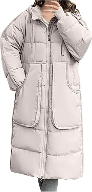 Women Winter Long Quilted Coat Maxi Length Puffer Jacket Padded Coat Cotton Hooded Long Sleeve with Oversized Pockets