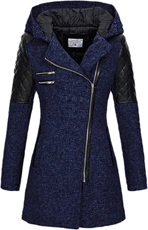 Women Wool Pea Coat Long Sleeve Hooded Long Winter Warm Thick Leather Jackets Zip Up Trench Outerwears Pockets