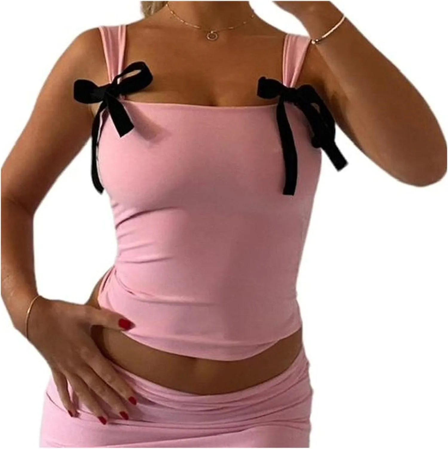 Women Y2K Bow Tank Top Sleeveless Bow Tie Shoulder Cami Crop Top Fairy Grunge Ribbon Camisole Going Out Streetwear