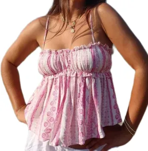 Women Y2k Cami Tank Top Spaghetti Strap Floral Print Ruffle Hem Camisole Flowy Summer Going Out Top