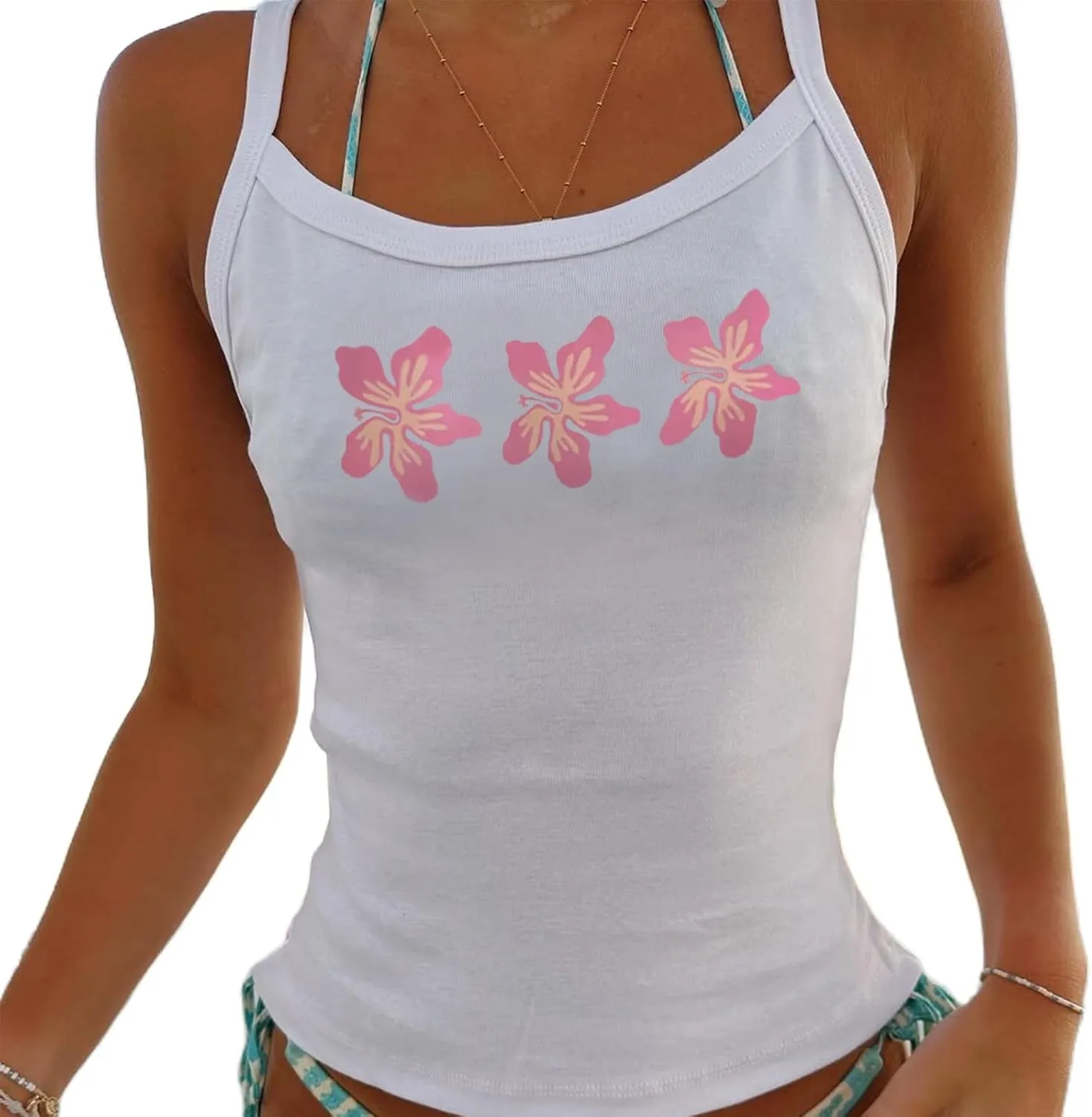 Women Y2K Cute Graphic Cami Top Floral Print Sleeveless Scoop Neck Tank Top Summer Going Out Camisole