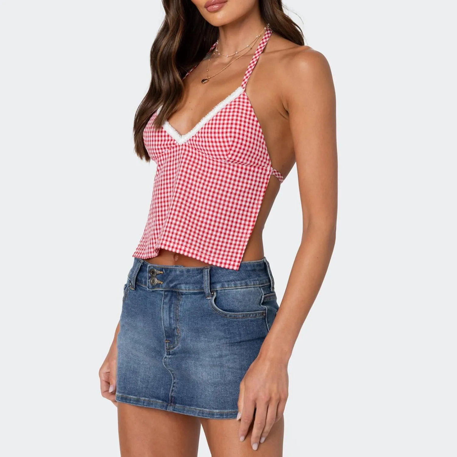 Women Y2k Gingham Crop Camisole Spaghetti Strap Lace Trim V Neck Crop Tank Top Open Back Tie Up Cami Top
