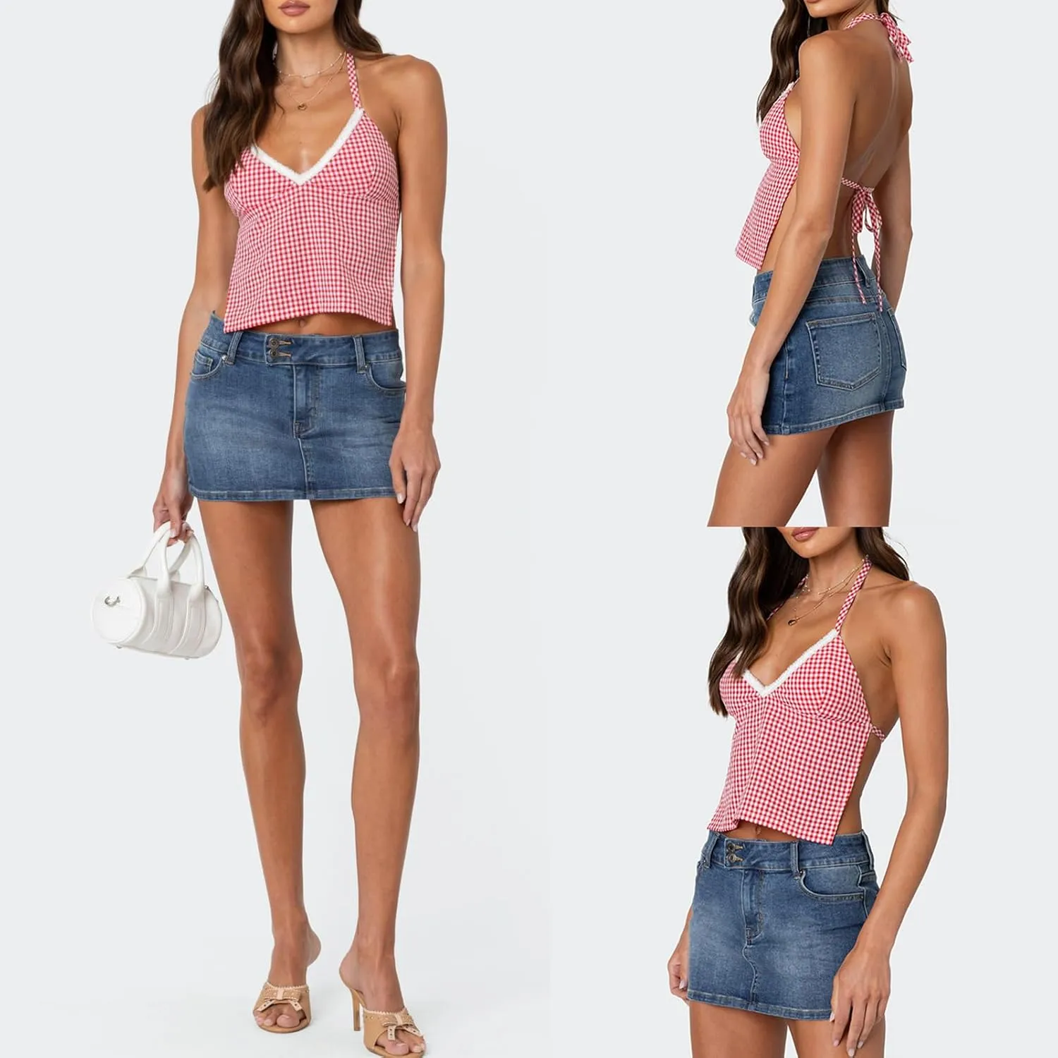 Women Y2k Gingham Crop Camisole Spaghetti Strap Lace Trim V Neck Crop Tank Top Open Back Tie Up Cami Top