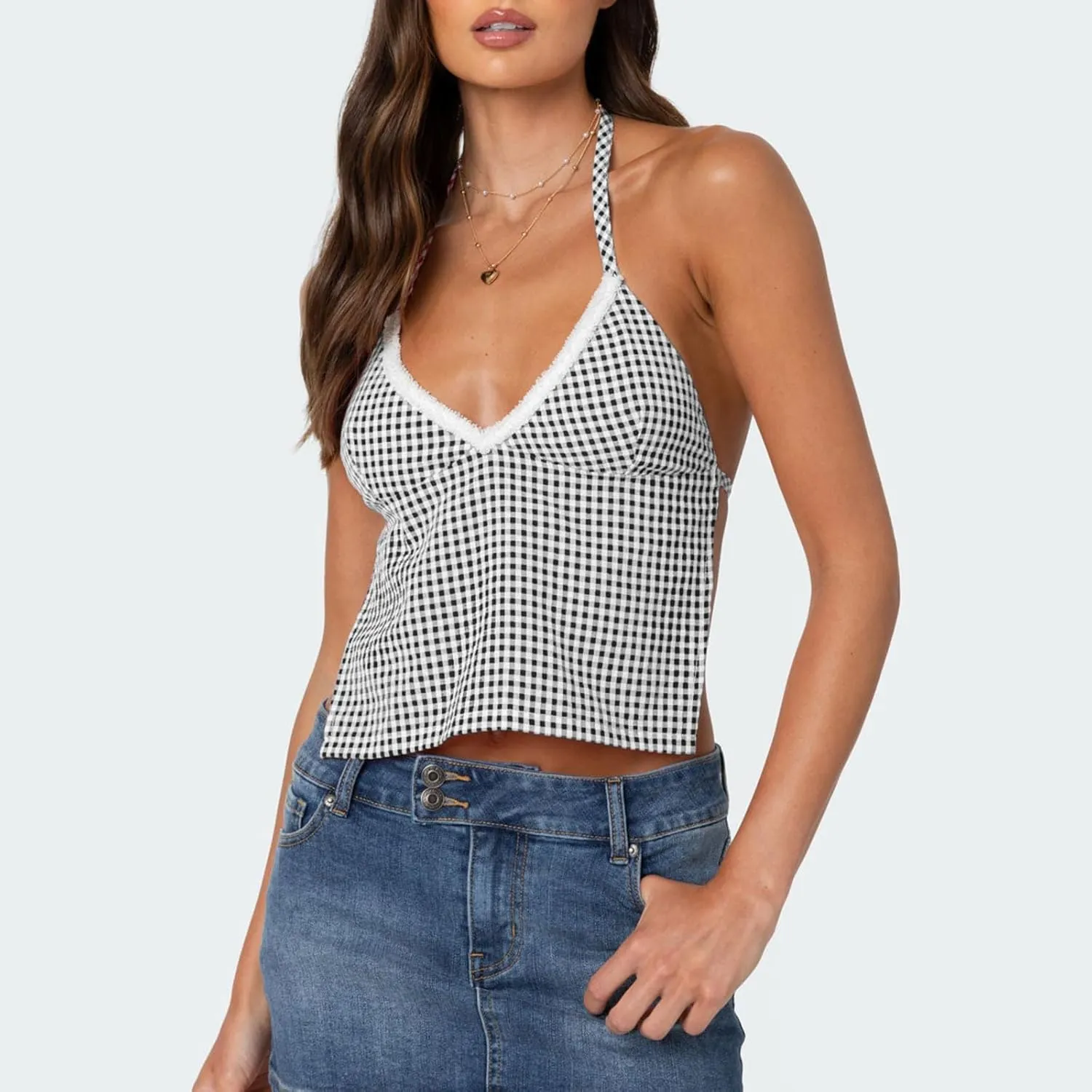 Women Y2k Gingham Crop Camisole Spaghetti Strap Lace Trim V Neck Crop Tank Top Open Back Tie Up Cami Top